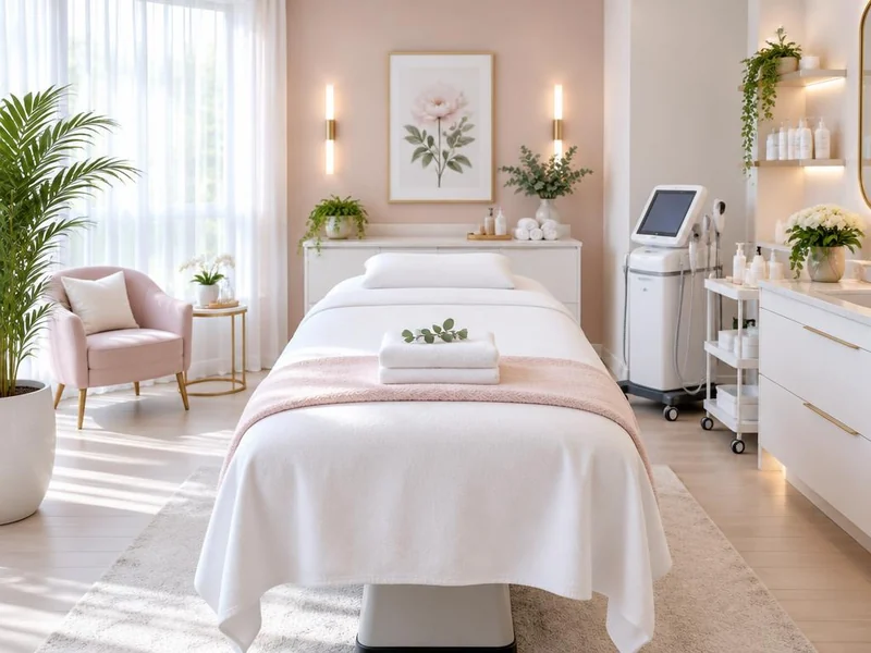 Calm med spa treatment room with soft lighting and a pristine treatment bed