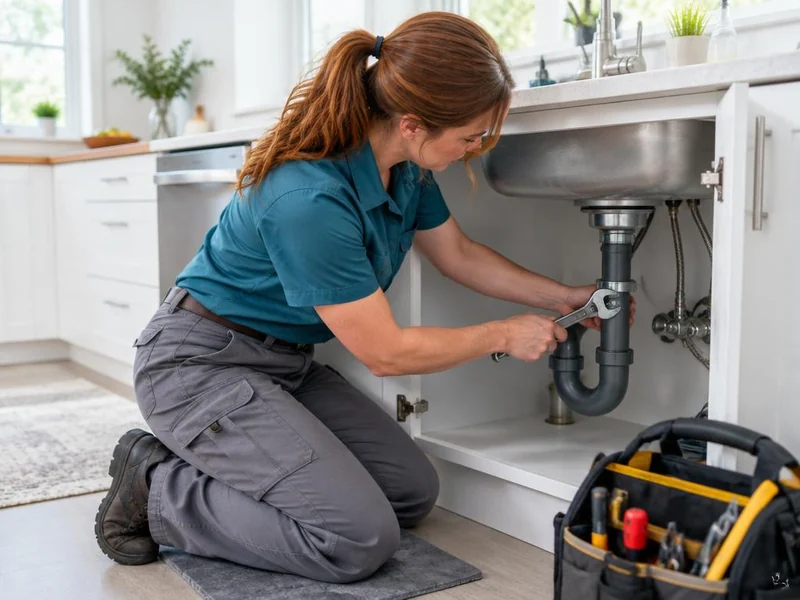 Plumber repairing sink pipes in a clean modern kitchen