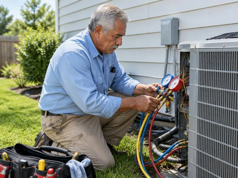 HVAC technician servicing an outdoor AC unit beside new house siding