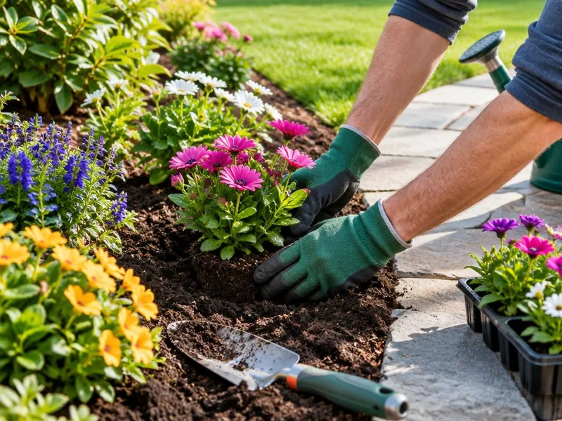 Gloved hands planting colorful flowers beside a fresh stone patio