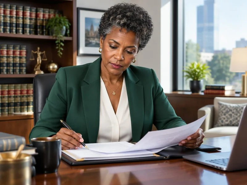 Attorney reviewing documents in a modern office with law books