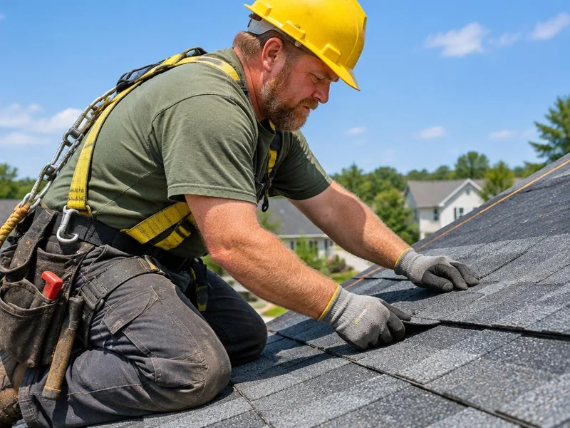 Roofer installing shingles on a suburban roof under a blue sky