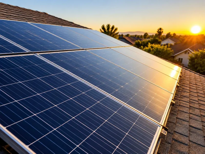Residential roof with solar panels in warm golden-hour sunlight
