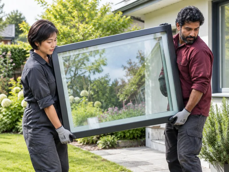 Two installers carrying a large modern window pane outside a home